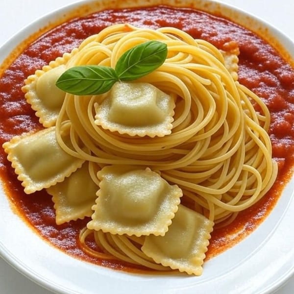 Spaghetti and ravioli pasta with red sauce and a basil leaf on a white plate.